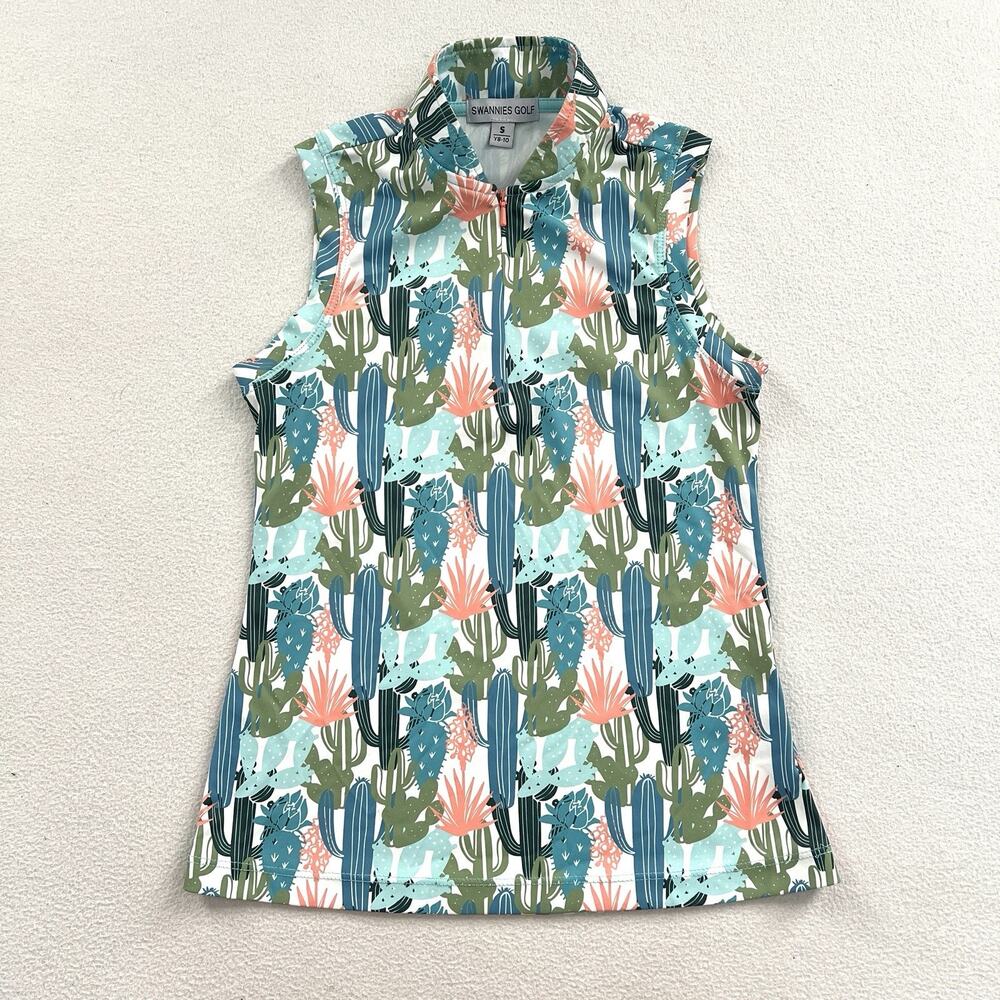 Swannies Golf Junior Girl Green Cactus Print Performance Sleeveless Polo S Y8-10